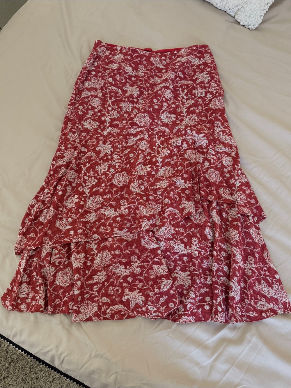 Peruvian Connection Red Floral Viscose Midi Skirt Women Size 6 Boho Layered Hem - Picture 6 of 12